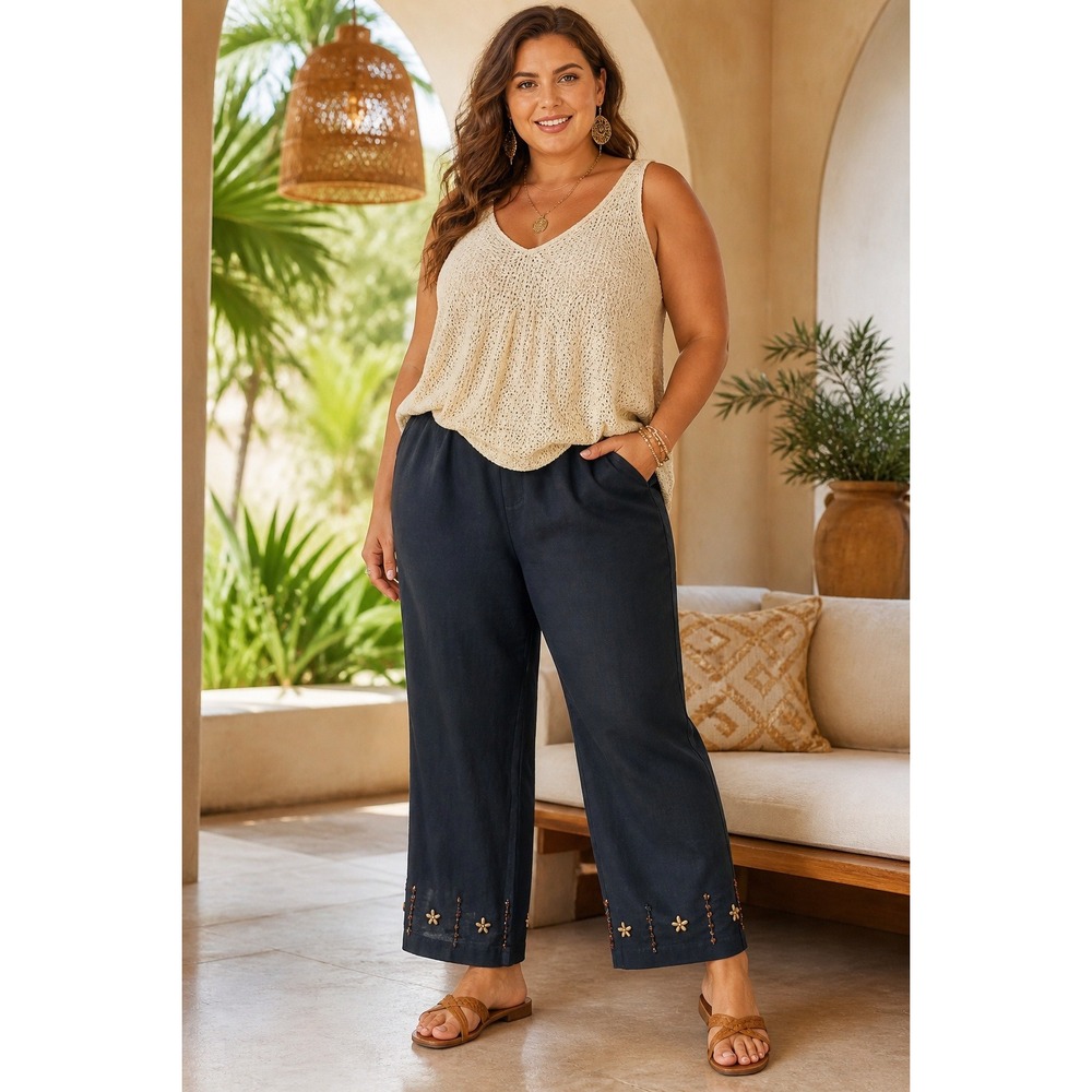 Bohemian Linen Blend Crop Pants Vacation Beaded Resort Cottage Size 16 W 35x22